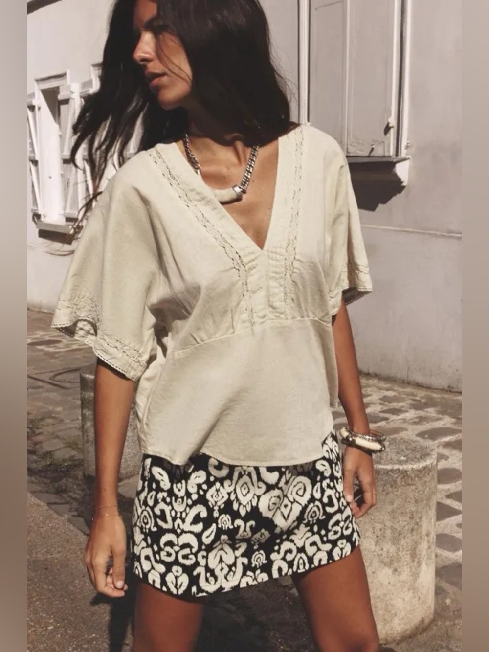 NWOT ZARA V-Neck Lace Trim Linen Blend Top - Picture 3 of 7